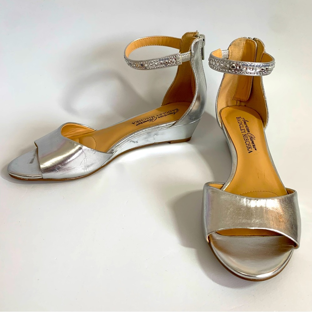 Badgley Mischka peeptoe wedge jeweled sandals, ankle strap, zipper, rhinestones